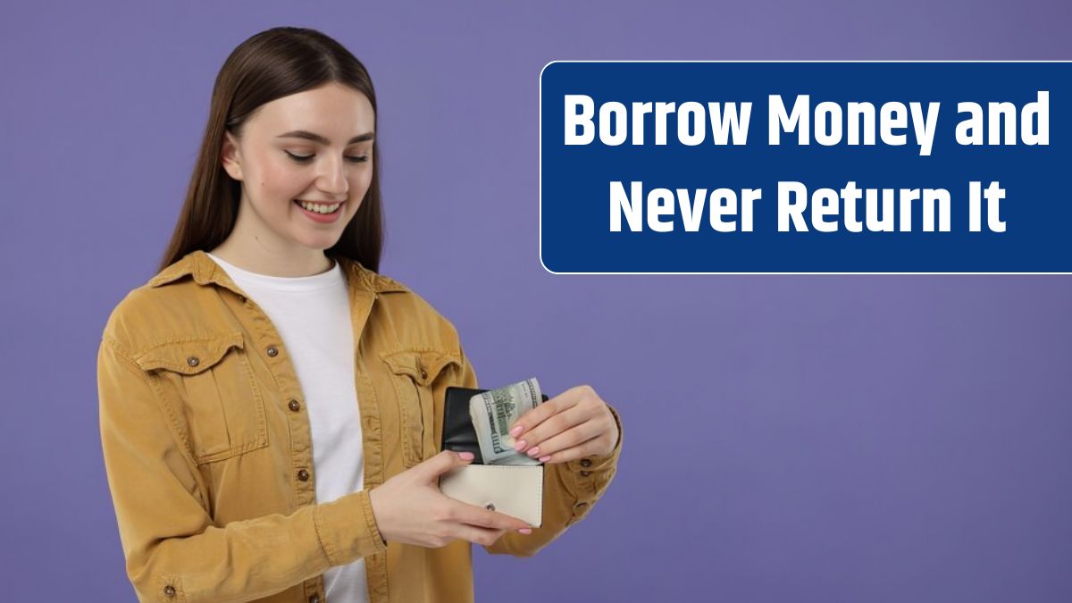 Happy woman putting dollar banknotes into wallet on purple background.